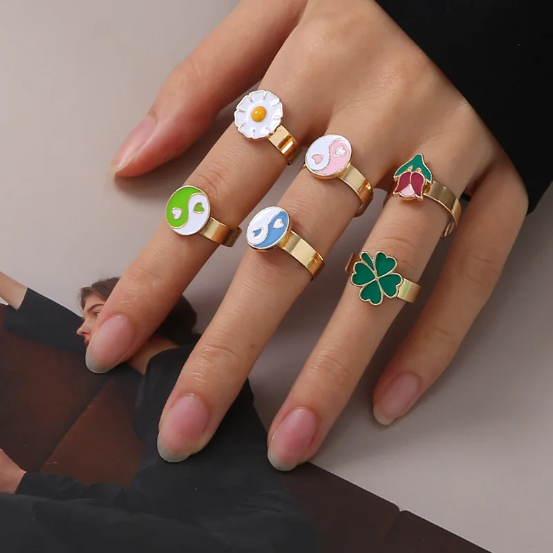 

Alloy drop oil adjustable tail ring ins blogger with the same paragraph daisy tulip ring female Tai Chi ring gold rings