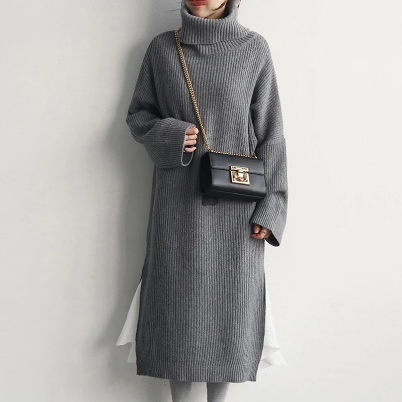 Женское вязаное платье свитер с высоким воротником повседневное длинное