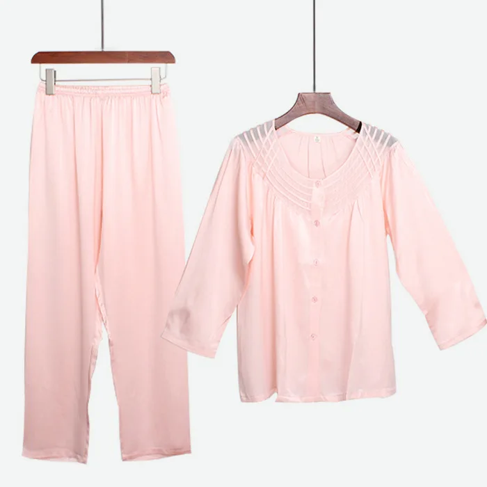 100% Silk Pajamas Women's 2PCS Sleepwear Suit Silky Lace Patchwork Perspective Pijamas Nightgown Female Sexy Loose Home Clothes