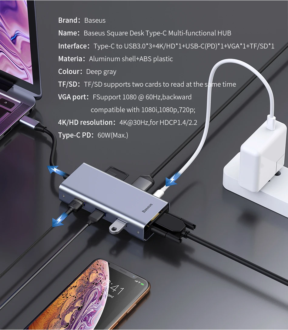 Baseus USB C концентратор type C к USB3.0 HDMI VGA RJ45 концентратор Мульти USB 3,0 адаптер питания type-c концентратор для MackBook Pro воздушный USB-C сплиттер
