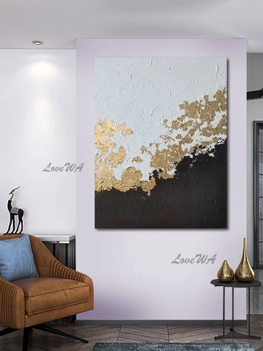 Простая абстрактная живопись черно-белая Золотая фольга Настенная картина