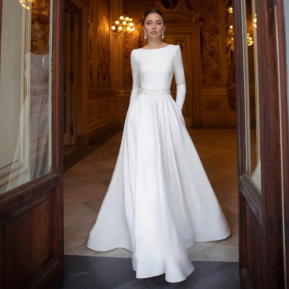 

Modest Wedding Dresses O-neck White Ivory Long Sleeve Sash Sweep Train A Line Bridal Dresses Vestido de Novia
