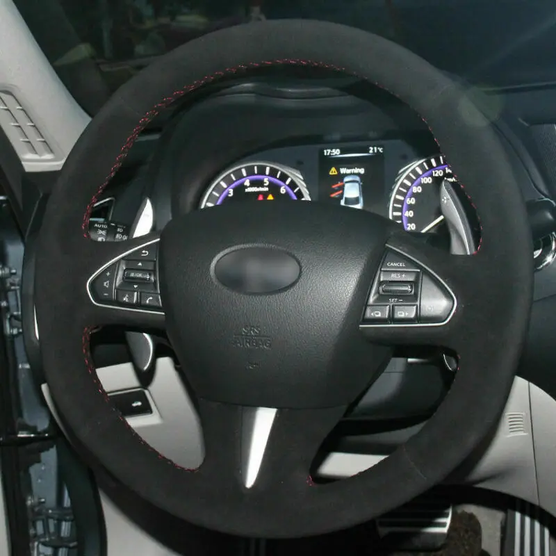 

For Infiniti Q50 2014 2015 QX50 Top Black Suede Steering Wheel Hand-stitch on Wrap Cover