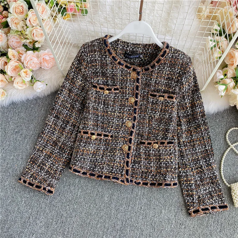 

New Autumn Winter Coat Women Korean Vintage Tweed Jacket High Quality Small Fragrance Patchwork Elegant Short Woolen Outwear