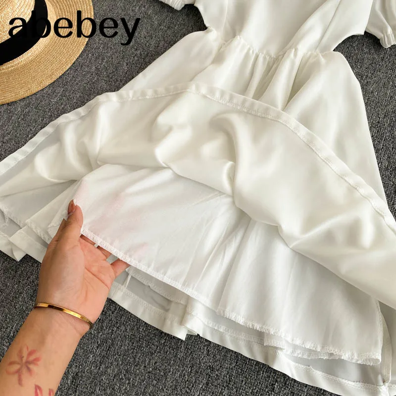 

Elegant Solid Ruffles Dress Women French Retro Square Collar Puff Sleeve A-line Dress Chic Streetwear Summer Dresses