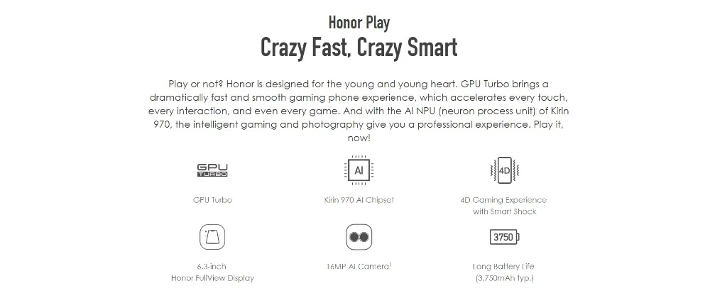 HONOR PLAY, 6,3 дюймов, Android 8,1, смартфон Kirin 970, четыре ядра, 2340x1080, быстрое зарядное устройство, 9 В/2 А, 16,0 Мп