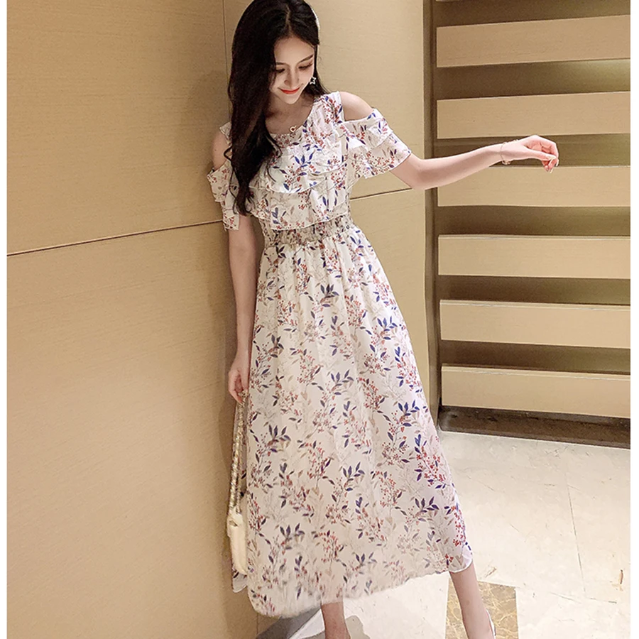 Винтажное шифоновое пляжное платье миди с цветочным принтом весна осень 2019
