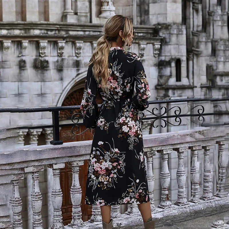 

Puff Sleeve Autumn Winter Floral Dress Women Casual Bow Stand Collar High Wasit Long Sleeve Dress 2021 New