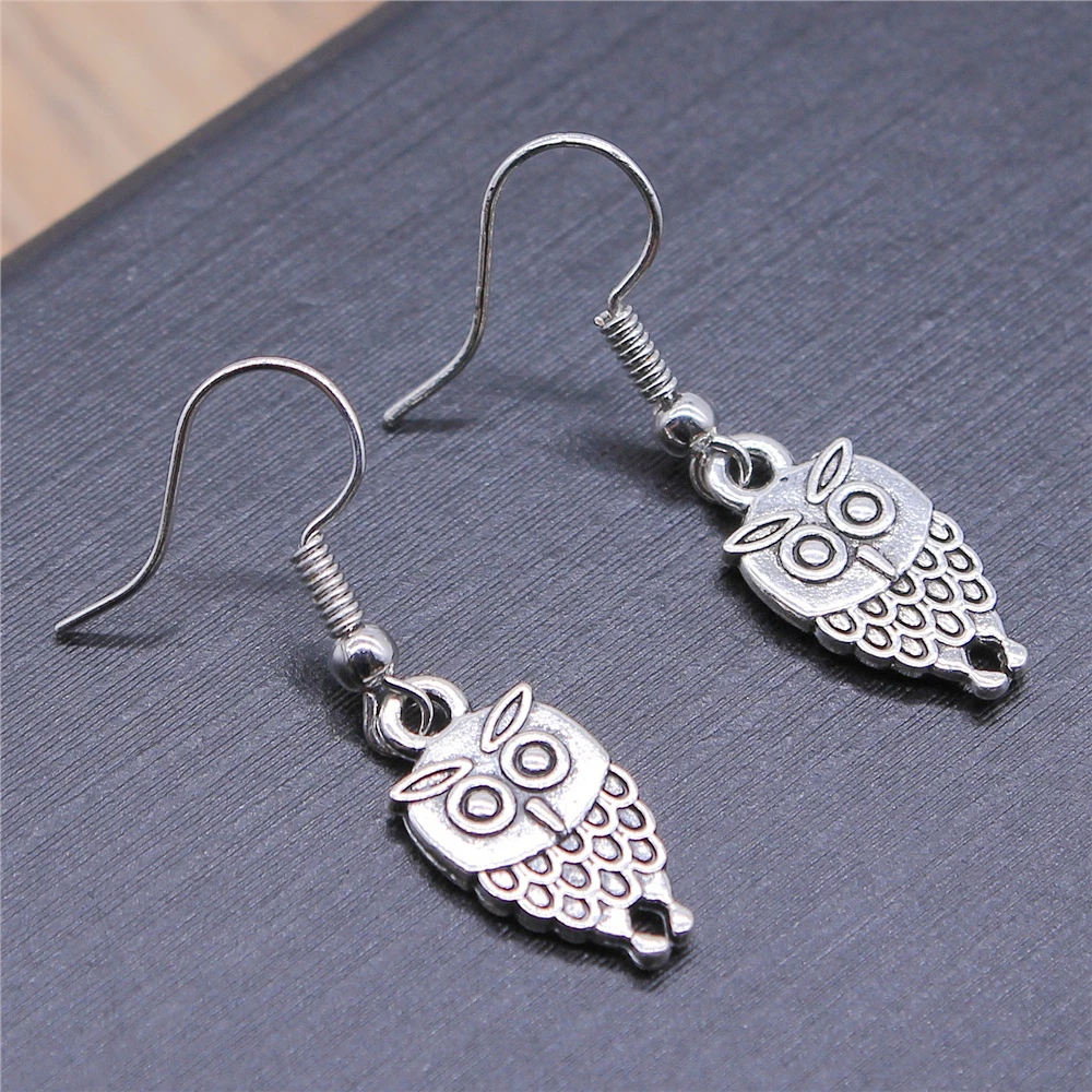 Vintage Antique Silver Color 19x9mm Double Sided Owl Charms Drop Earrings Fit Women Party Gift Jewelry Handcrafts | Украшения и