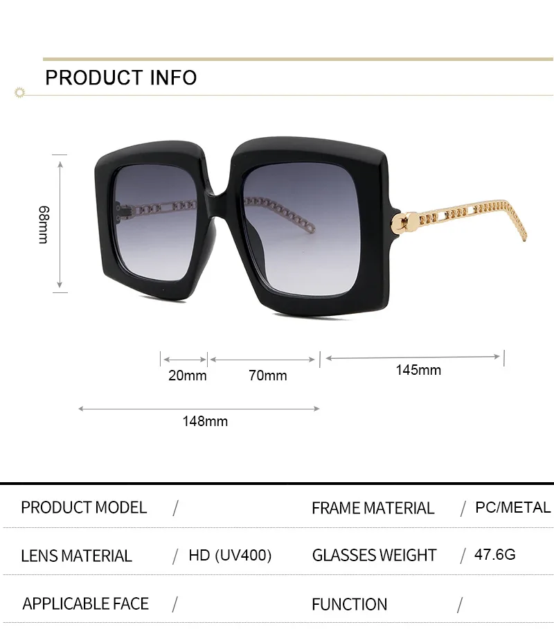 

Large Metal Frame Sunglasses Sqaure Sunglasses Brand Designer Sunglasses Men Shades Classic Oversize Glasses Gold Chain Acetate