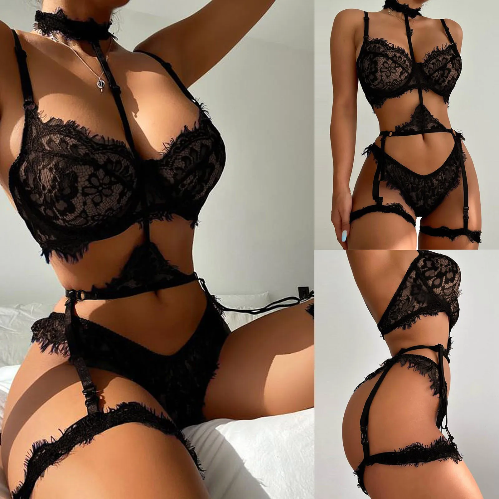 

New Women Underwear Lace Set Lenceria Sensual Mujer Sexy Fashion Lace Lingerie Underwear Steel Ring Pajamas Garter 2022 #F