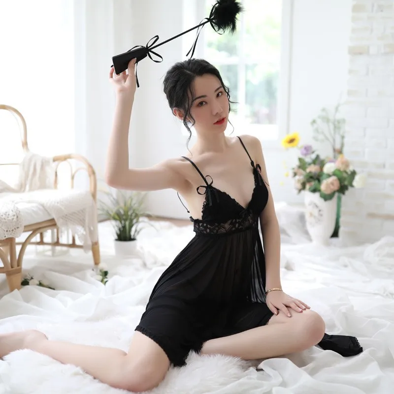 sexy black Suspenders strap dress 2020 summer Women's nightgown perspective lace lingerie honeymoon night home FG104 | Женская