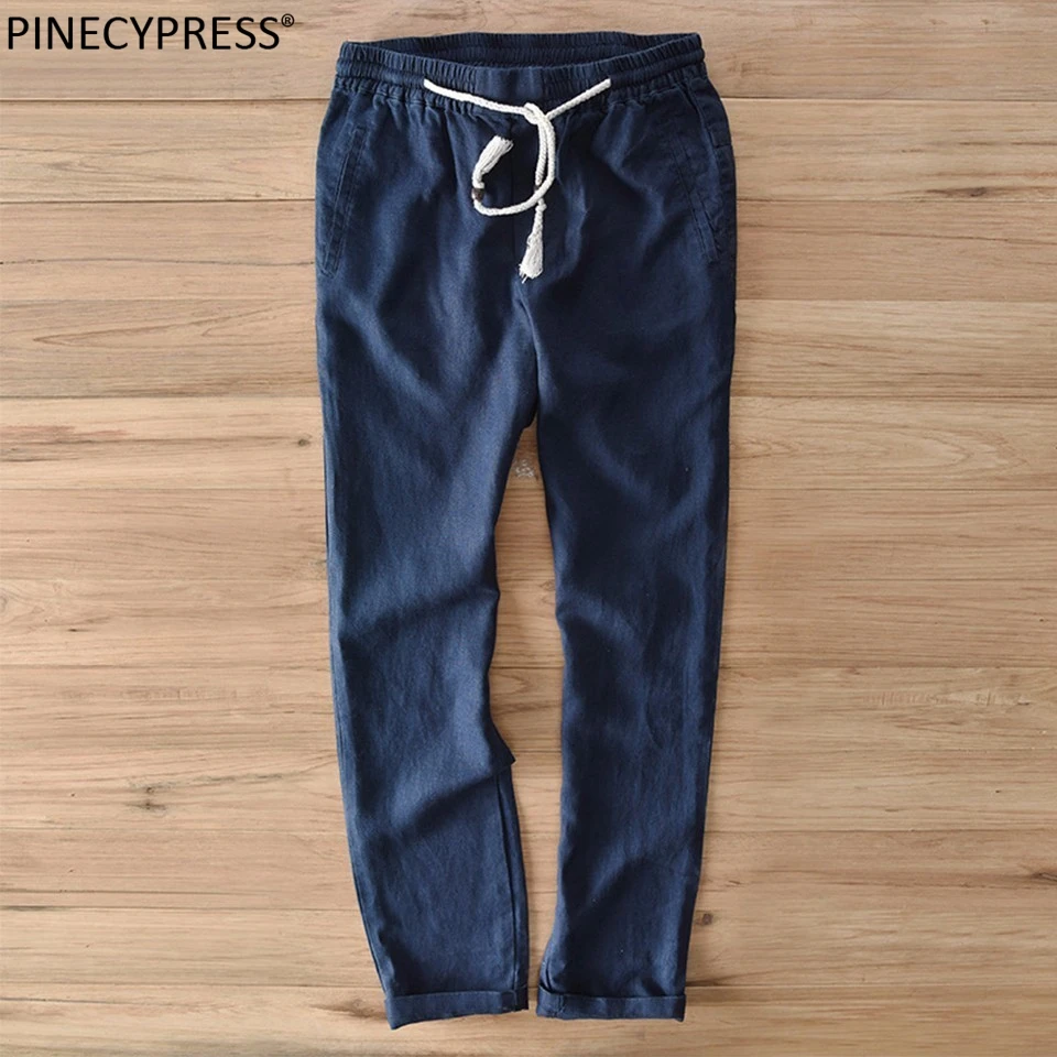 Мужские повседневные брюки Ture 100% льна дышащие антистатические темно синие белые