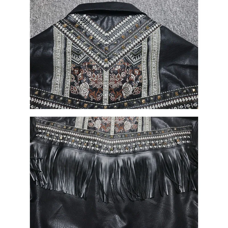 Женская кожаная куртка с бахромой и заклепками короткая из искусственной кожи в