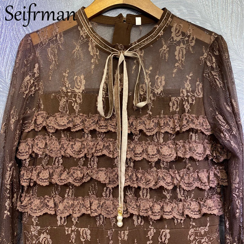 

Seifrmann Summer Women Fashion DesignerParty Midi Dress Long Sleeve Lace Bow Ruffles High Waist Print Ladies A-Line Dresses