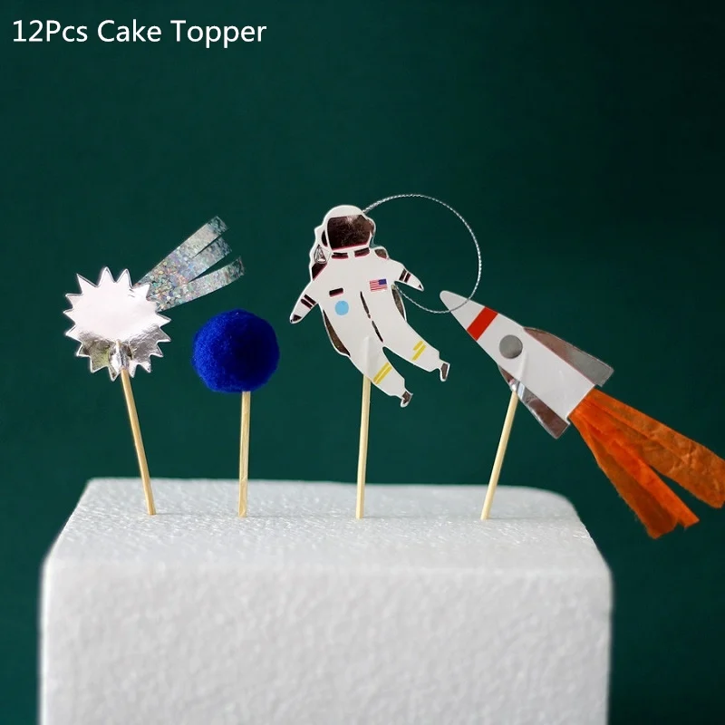 12pcs cake topper Космическая вечеринка астронавт ракета корабль фольгированные шары Галактика/Солнечная система тематическая вечеринка Мальчик Дети День рождения украшения сувениры - Цвет: 12pcs cake topper