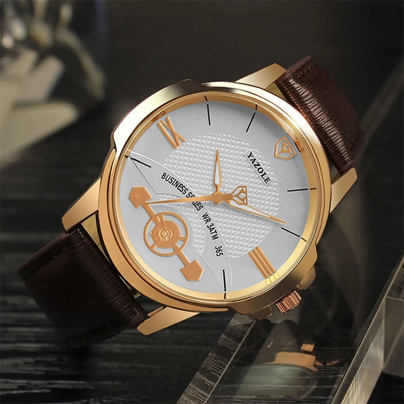 Мужские наручные часы с синим стеклом водонепроницаемые кожаным ремешком в