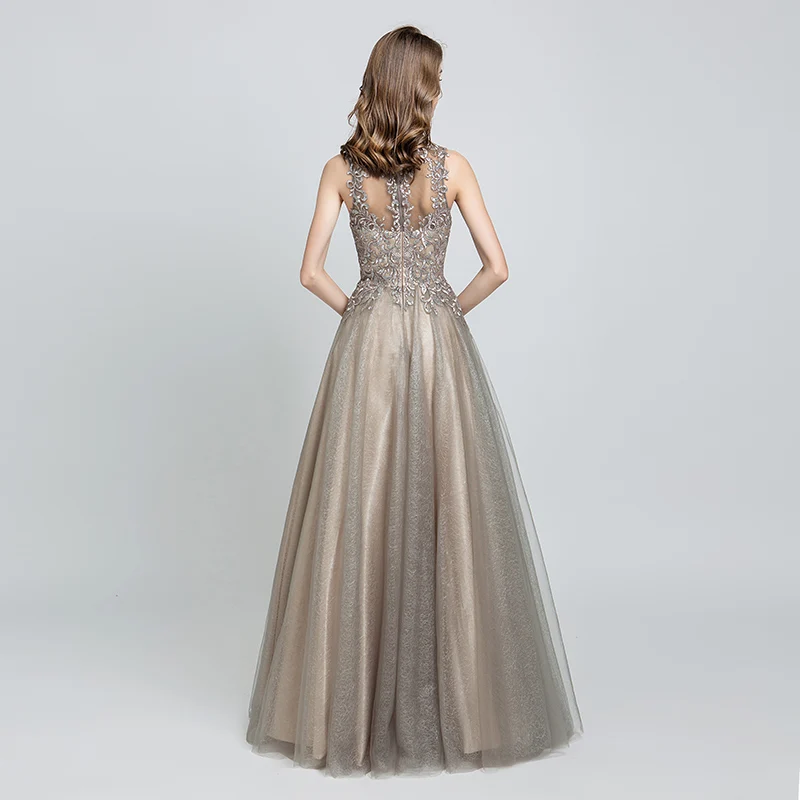 Элегантные вечерние платья Длинные мокко тюль Длина до пола Vestidos De Festa Longo o-образным вырезом ручной работы Вышивка Вечерние платья для выпускного вечера CC560