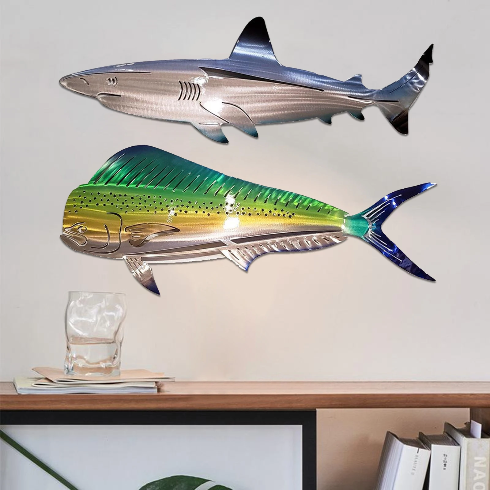 2 uds de Metal grande tibur&oacute;n casa Decoraci&oacute;n Para sala de estar, arte oc&eacute;ano pared escultura-1