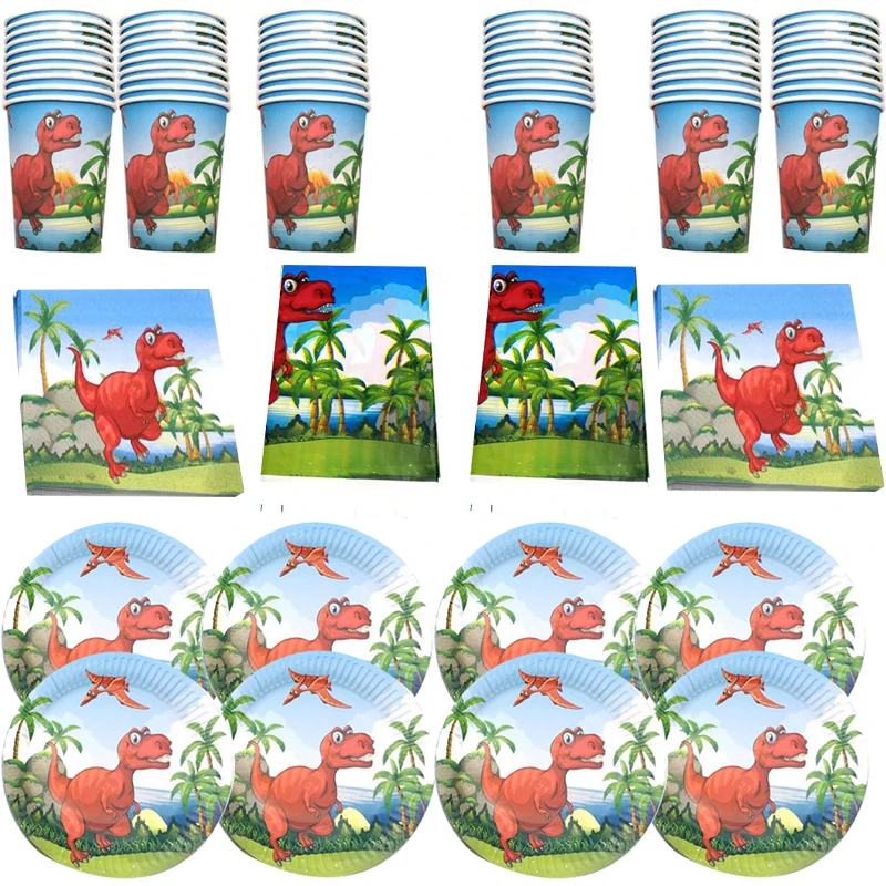 

61pcs/lot Red Dinosaur Theme Kids Favors Plates Birthday Part Cups Glass Dishes Baby Shower Tablecloth Napkins Tableware Set