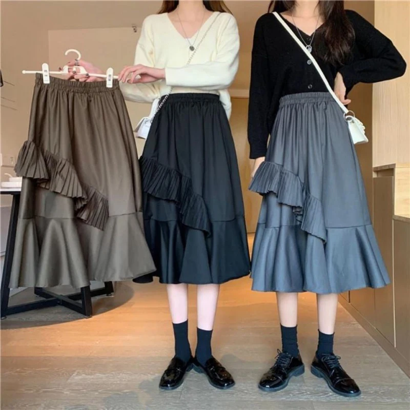 

GALCAUR Black Skirt For Women High Waist Patchwork Ruffles Loose Ruched Solid Mid A Line Skirts Female 2021 Spring Clothes Tide