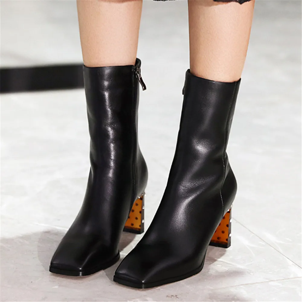 

Aiyoway Elegant Women Ankle Boots Rhinestone Chunky High Heels Square Toe Side Zipper Lady Autumn Winter Shoes Black Apricot