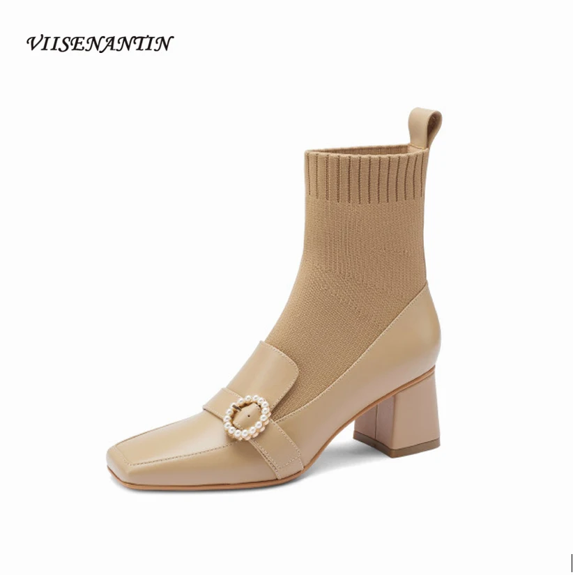 

Осенние стильные вязаные эластичные полусапожки, однотонные ботильоны на среднем толстом каблуке с квадратным носком и жемчужным ремешком...