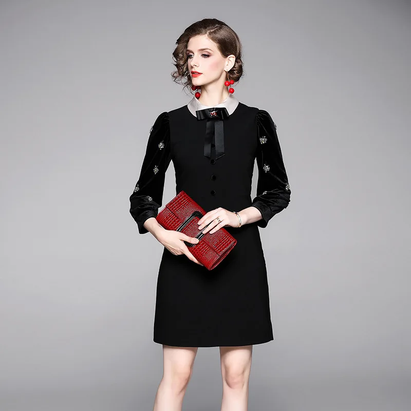 Весна-лето 2020 китайское элегантное женское платье с бриллиантами и бантом на шее