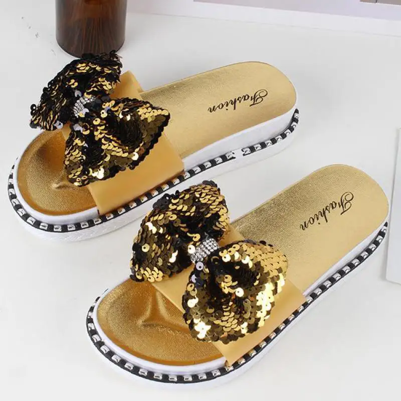 

Outdoor Beach Slippers Summer Women Flat Shoes Female Sequins Bow Bling Slides Slipper Flip Flops Non-slip Platform Girl Shoes