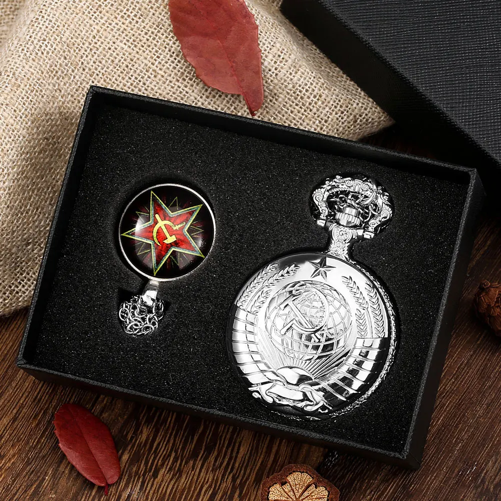 Vintage Pocket Watch Sets for Men Silver Necklace Pocket Watch Communist Ussr Watch Badge Pedent Chain Steampunk Clock Gifts