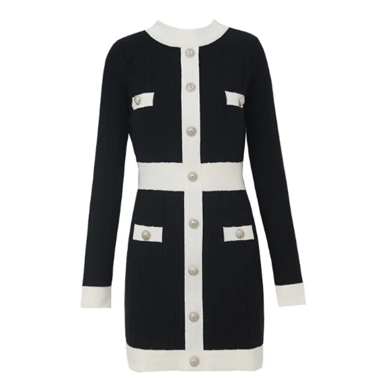 

Women Fashion Brand Spring Autumn Korea Style Black White Patchwork Knitting Slim Fit Dress Empire Waist Office Lady Dress