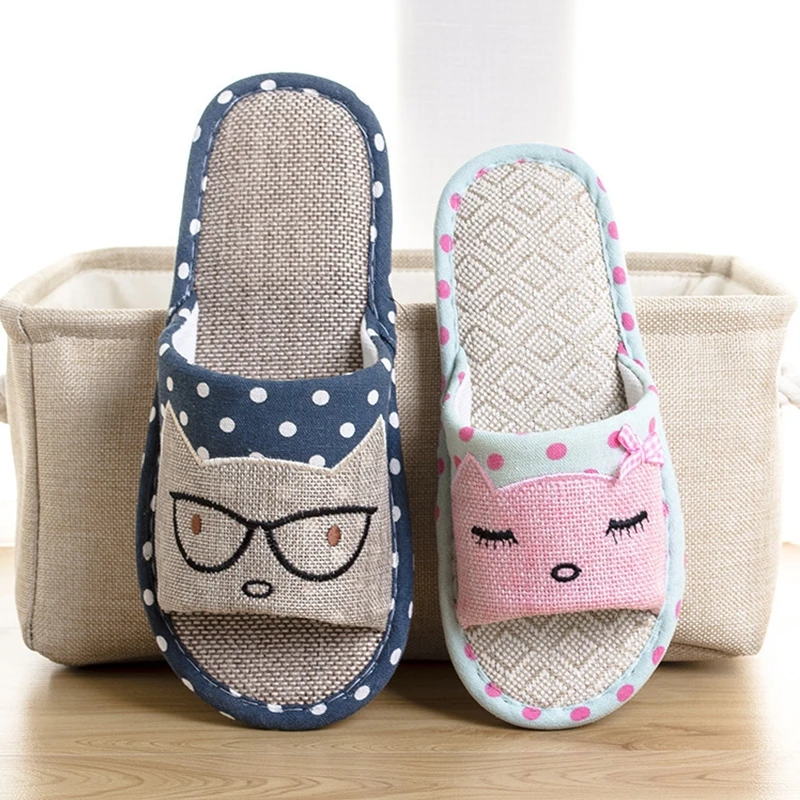 Сланцы женские льняные домашние тапочки на плоской подошве с мультяшным