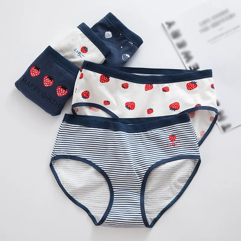 

Women's Lingerie Japanese Strawberry Underwear Cotton Panties Waist Bag Hip Girl Student Mid-Waist Briefs Stripes M-2XL