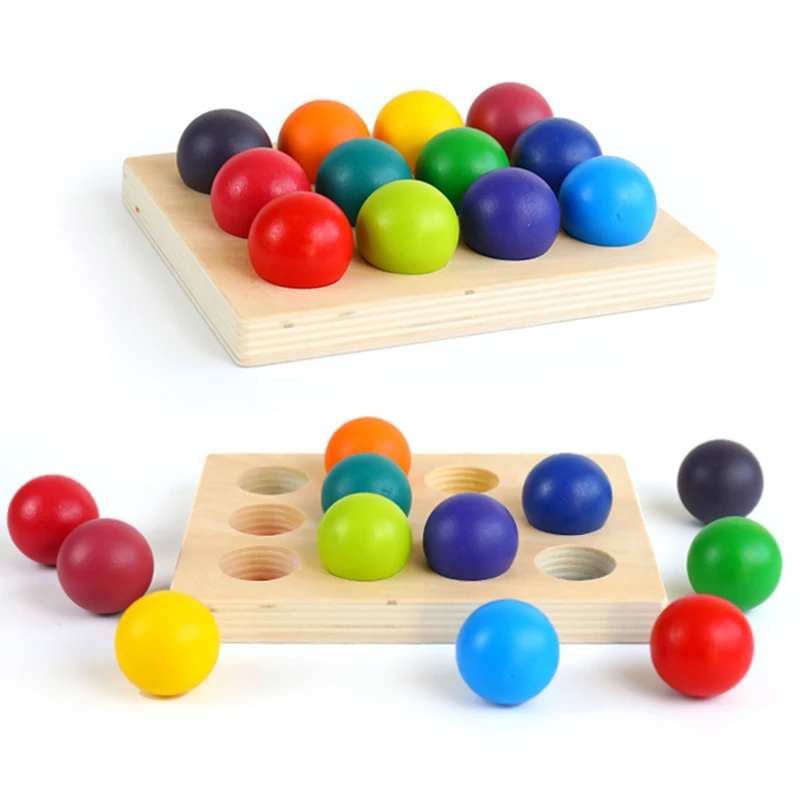 

Новинка, Детские деревянные игрушки Монтессори серии Rainbow 12 цветов, Разноцветные деревянные шарики, радужная и Пастельная Сфера с лотком дл...