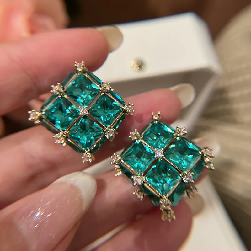 

Women's Earrings Vintage Earrings Retro-court High-quality Stereo Square Zircon Square Diamond Yellow And Green Optional