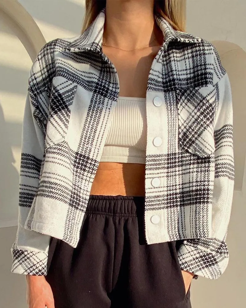 

Женская короткая клетчатая куртка, короткая куртка на пуговицах с длинным рукавом на осень и зиму, 2021