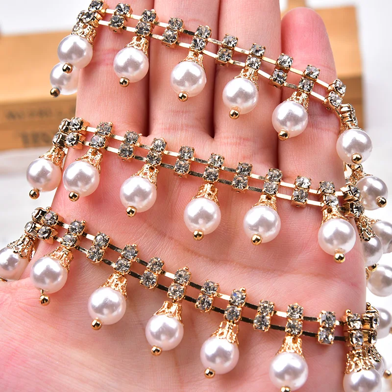 1 Yard/Lot Clear Crystal Rhinestone Pearl Chain Sew On Wedding Dress Decoration Necklace Trim Applique DIY Clothes Accessories | Дом и сад