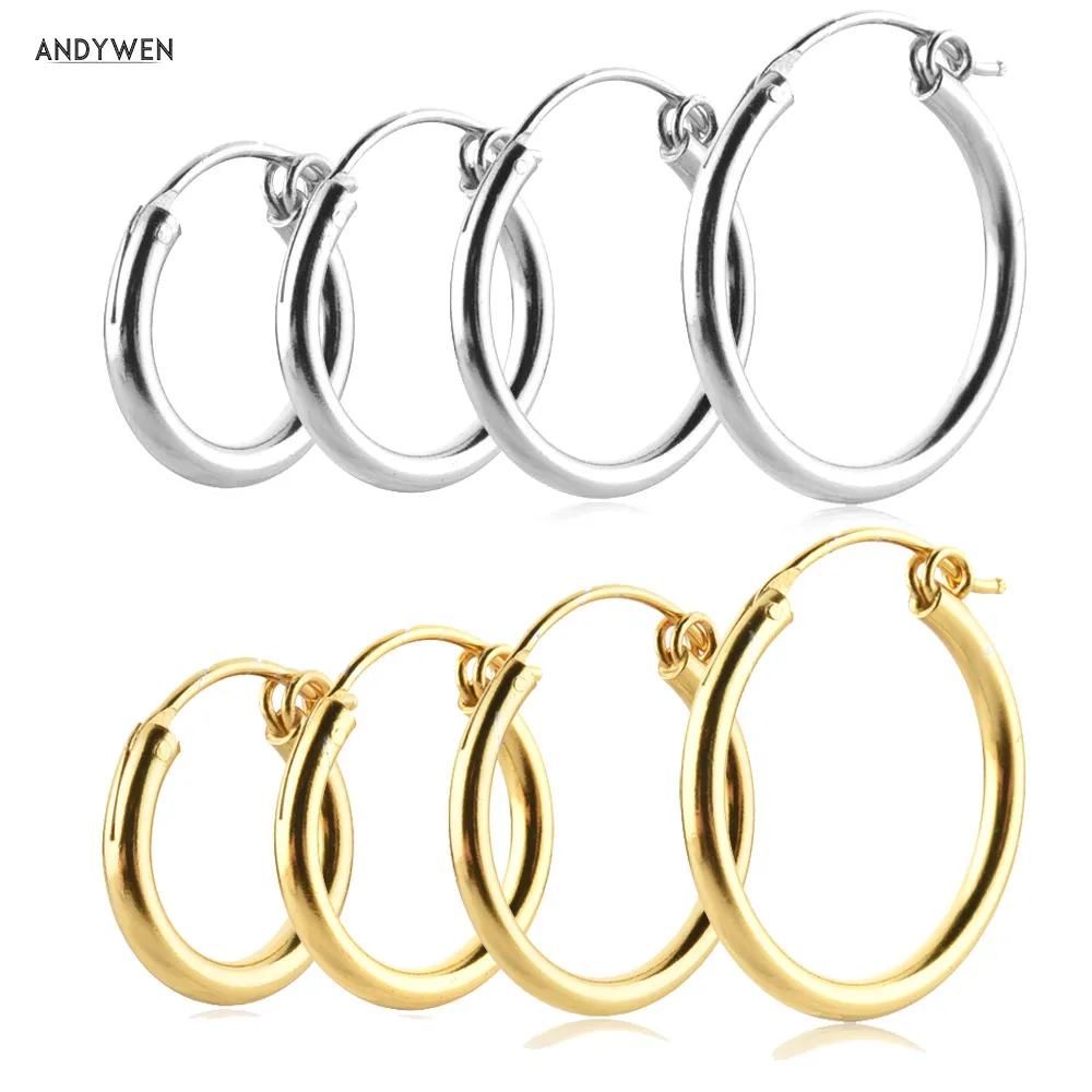 

ANDYWEN 925 Sterling Silver Gold Hollow Hoops Earring Women Size Huggies 9.5mm 12.5mm 14.5mm 17.5mm Piercing Pendientes Clips