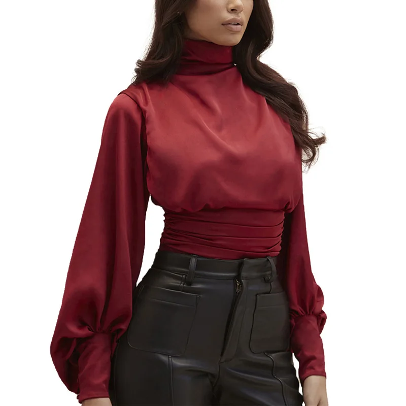 

Kayotuas Women Bodysuit Long Sleeve Backless Elegant Riding Female Satin Pleated Lantern Ruched Bodycon Slim Fit Leotard