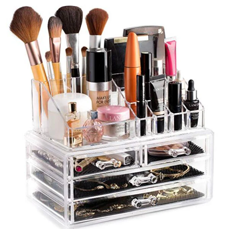 

Transparent Cosmetic Storage Box Makeup Organizer Rangement Double Makeup Brush Lipstick Storage Jewelry Drawer Organizador