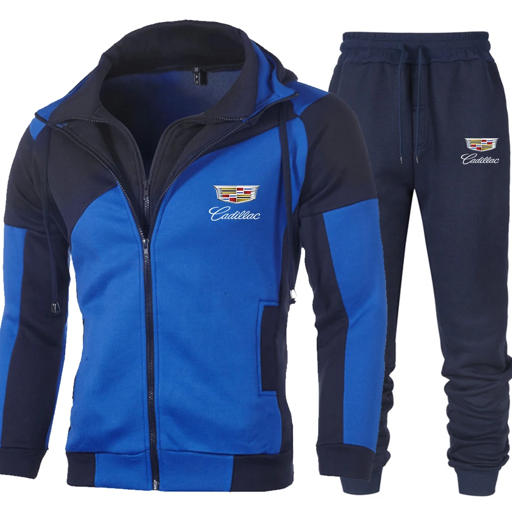 

2021 men's spring and autumn Cadillac car LOGO double-layer zipper hooded sweater cardigan + casual trousers suit men 12