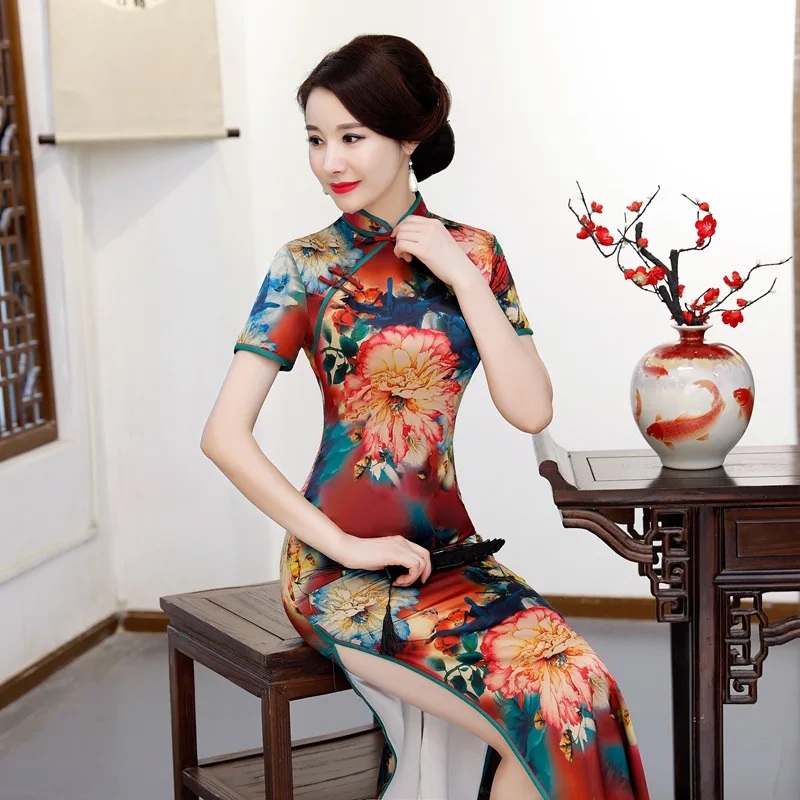 

Traditional Printed Flower Stylish Spring Qipao Dress Long Cheongsam Elegant китайское платье Slim Daily Ципао Home Wear