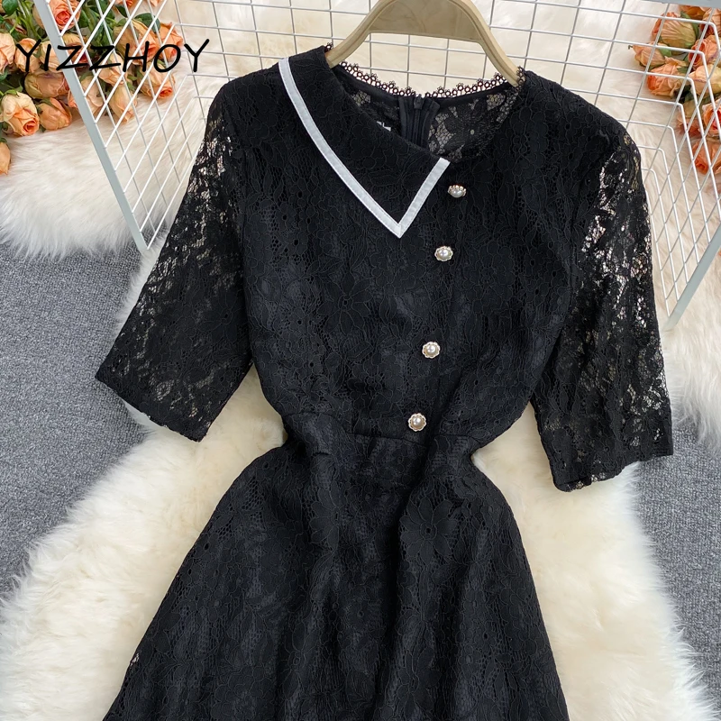 

YIZZHOYNew Summer A Line O Neck Short Button Chiffon Pullover High Waist Women Dresses Elegant Soldi Slim Lady Dress