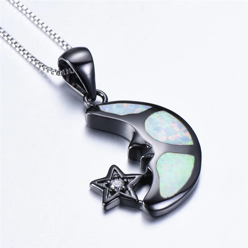 

Boho Female White Opal Moon Pendant Necklace Dainty Silver Color Chain Necklaces For Women Charm Star Crystal Wedding Necklace