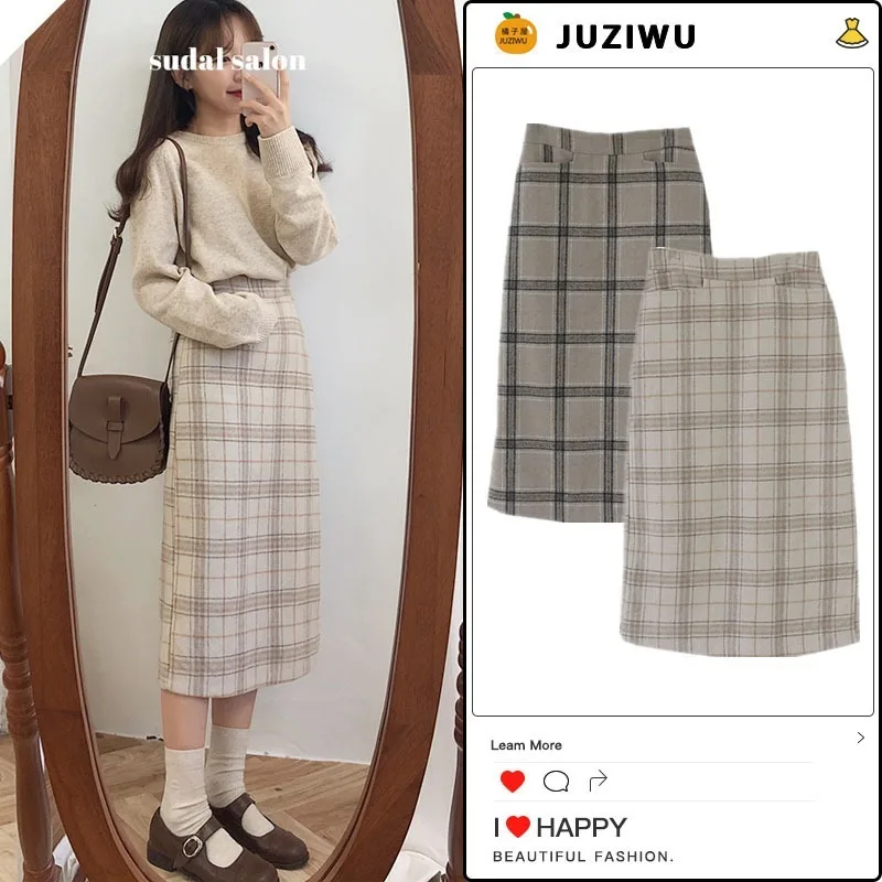

2021 retro grid children's skirt autumn pencil long female skirt female warm thick skirt winter female winter skirt long skirt