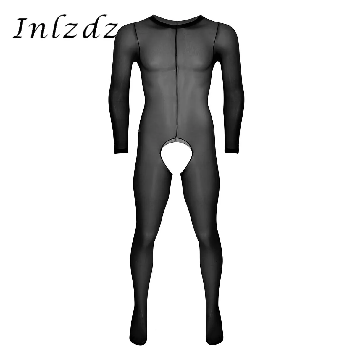 

Mens Lingerie Tights Full Body Stocking See Through Sheer Soft Round Neck Long Sleeves Crotchless Footed Stretchy Body Pantyhose