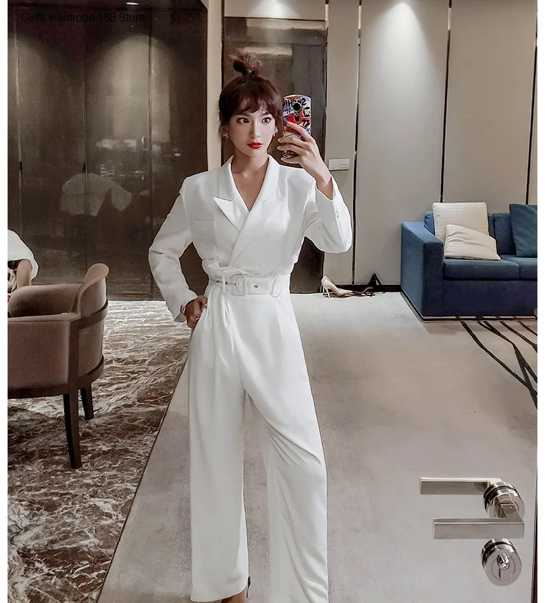 

White two-piece suit 2020 new spring and autumn fashion casual slim fit high waist slimming lace-up suit collar suit