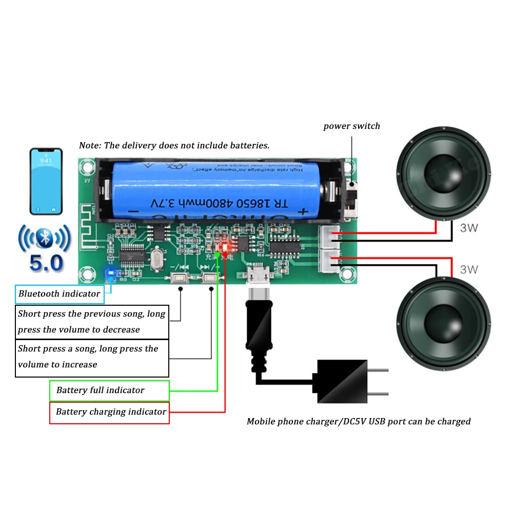 

XH-A153 Lithium Battery Bluetooth 5.0 Dual-channel 2 Ch Channel Stereo Low Power Amplifier Board 3W+3W DC 5V PAM8403 Chip