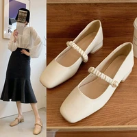 mary janes ladies shoe 2021 summer square toe thick heel genuine leather low high heels vintage shallow womens ballet flats