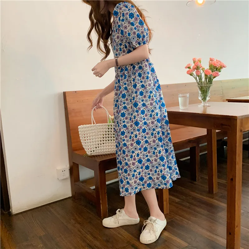 

Hzirip Summer Korean Sweet Floral Puff Sleeve V-Neck Ladies 2021 Gentle Elegant Hot Chic Fashion All-Match High Waist Dress